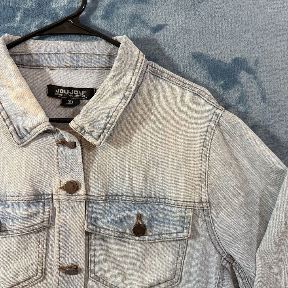 Jou Jou Premium Denim Jacket Womens XL Light Wash Distressed Jean Trucker Coat